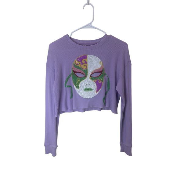 Sparkle City Sz S Mardi Gras Mask Waffle Top Purple Longsleeve - Excellent - Picture 2 of 7